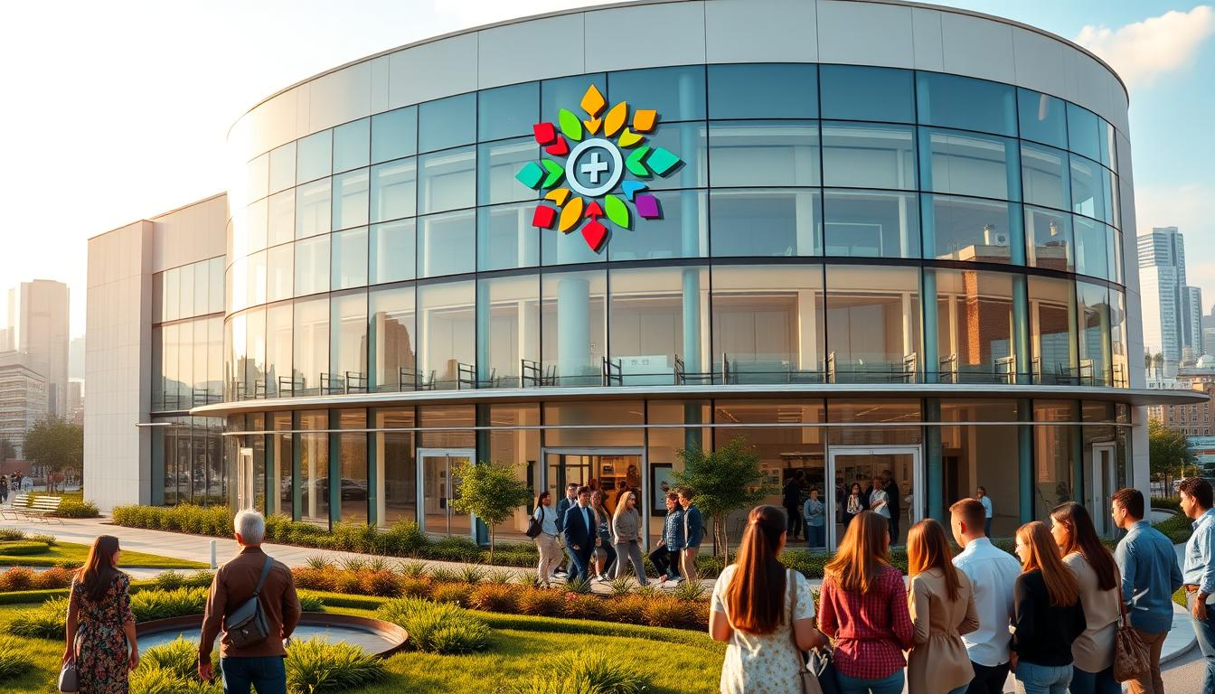 A panoramic view of a modern healthcare facility, its facade adorned with a vibrant, colorful logo representing a budget-friendly health insurance plan. The building is bathed in warm, natural lighting, creating a welcoming and approachable atmosphere. In the foreground, a group of diverse individuals, representing a cross-section of the community, are engaged in friendly discussions, conveying the plan's commitment to inclusivity and accessibility. The middle ground features carefully manicured landscaping, with lush greenery and tranquil water features, symbolizing the plan's focus on holistic well-being. The background showcases a bustling urban skyline, highlighting the plan's wide-reaching coverage and network of providers.