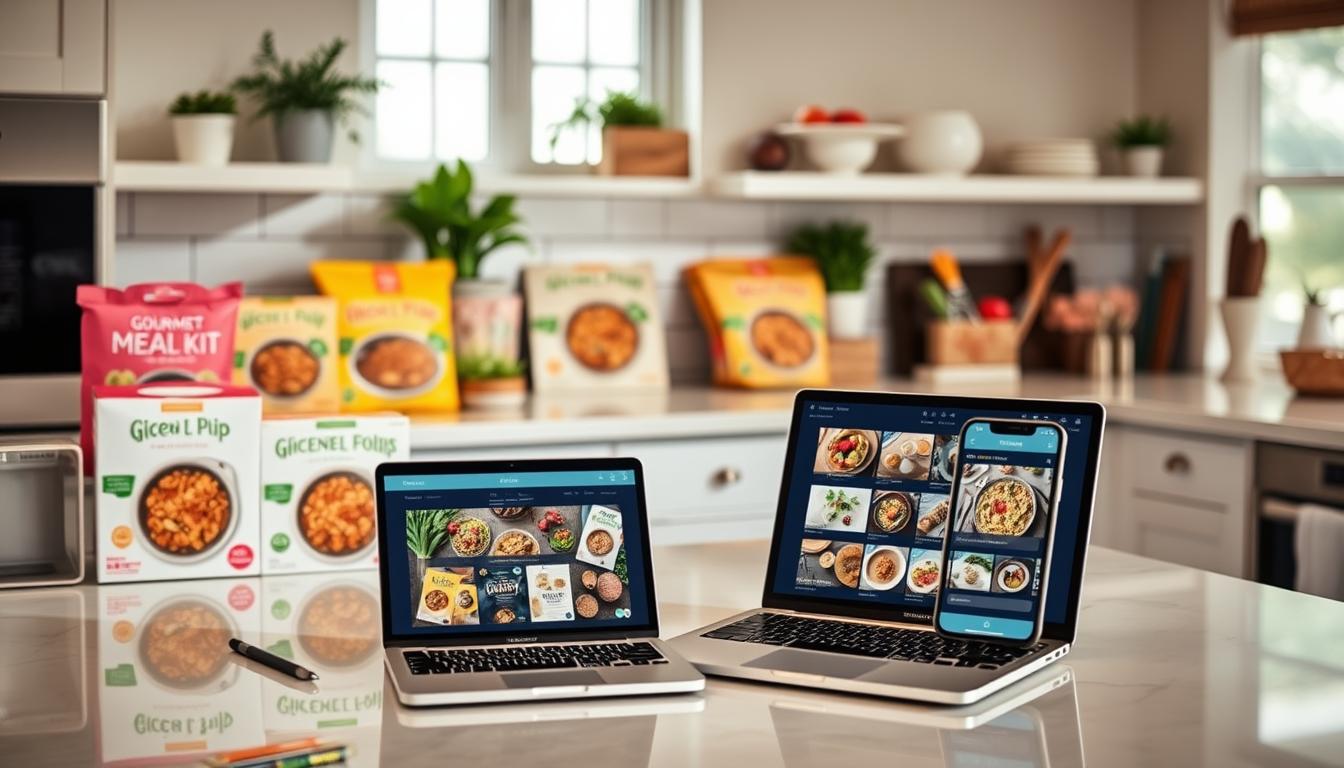A pristine kitchen counter showcasing an array of gourmet meal kit options, their vibrant packaging and fresh ingredients beckoning. In the middle ground, a laptop and smartphone display enticing online ordering interfaces, seamlessly connecting the convenience of modern dining. The background is filled with a warm, inviting atmosphere, bathed in soft, natural lighting that highlights the effortless sophistication of this meal kit experience. A pristine kitchen counter showcasing an array of gourmet meal kit options, their vibrant packaging and fresh ingredients beckoning. In the middle ground, a laptop and smartphone display enticing online ordering interfaces, seamlessly connecting the convenience of modern dining. The background is filled with a warm, inviting atmosphere, bathed in soft, natural lighting that highlights the effortless sophistication of this meal kit experience.