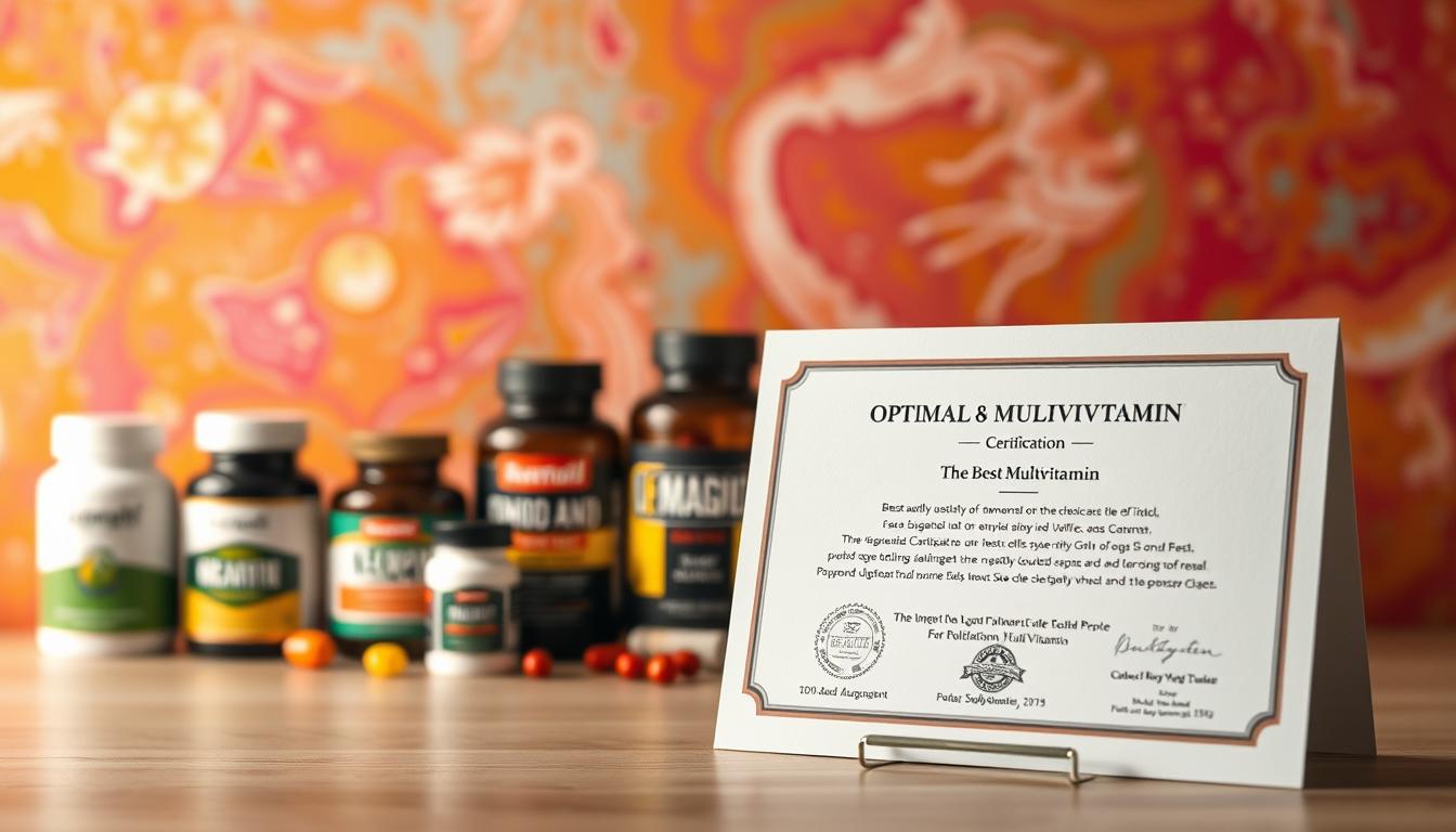 A professional, well-lit photograph capturing an optimal budget multivitamin testing certification. In the foreground, a sleek, minimalist certification document with an official seal and logo, conveying a sense of authority and credibility. The middle ground features various multivitamin bottles and supplements, neatly arranged against a vibrant, textured background. The lighting is soft and diffused, creating a warm, inviting atmosphere. The overall composition emphasizes the importance of third-party testing and verification, essential for choosing the best budget multivitamin.