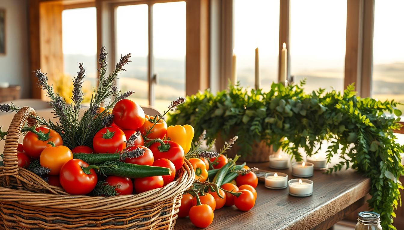 A rustic, sun-dappled potluck table adorned with vibrant natural elements. In the foreground, a woven wicker basket overflows with a bountiful harvest of fresh produce - heirloom tomatoes, zucchini, and vibrant bell peppers. Sprigs of rosemary and lavender are interspersed, releasing their earthy, floral aromas. In the middle ground, a lush garland of foraged greenery - ivy, eucalyptus, and ferns - cascades down the table's edge, punctuated by the warm glow of tealight candles. The background reveals a pastoral scene through a large window, with rolling hills and a cloudless sky bathed in golden afternoon light, creating a serene, nature-inspired ambiance.