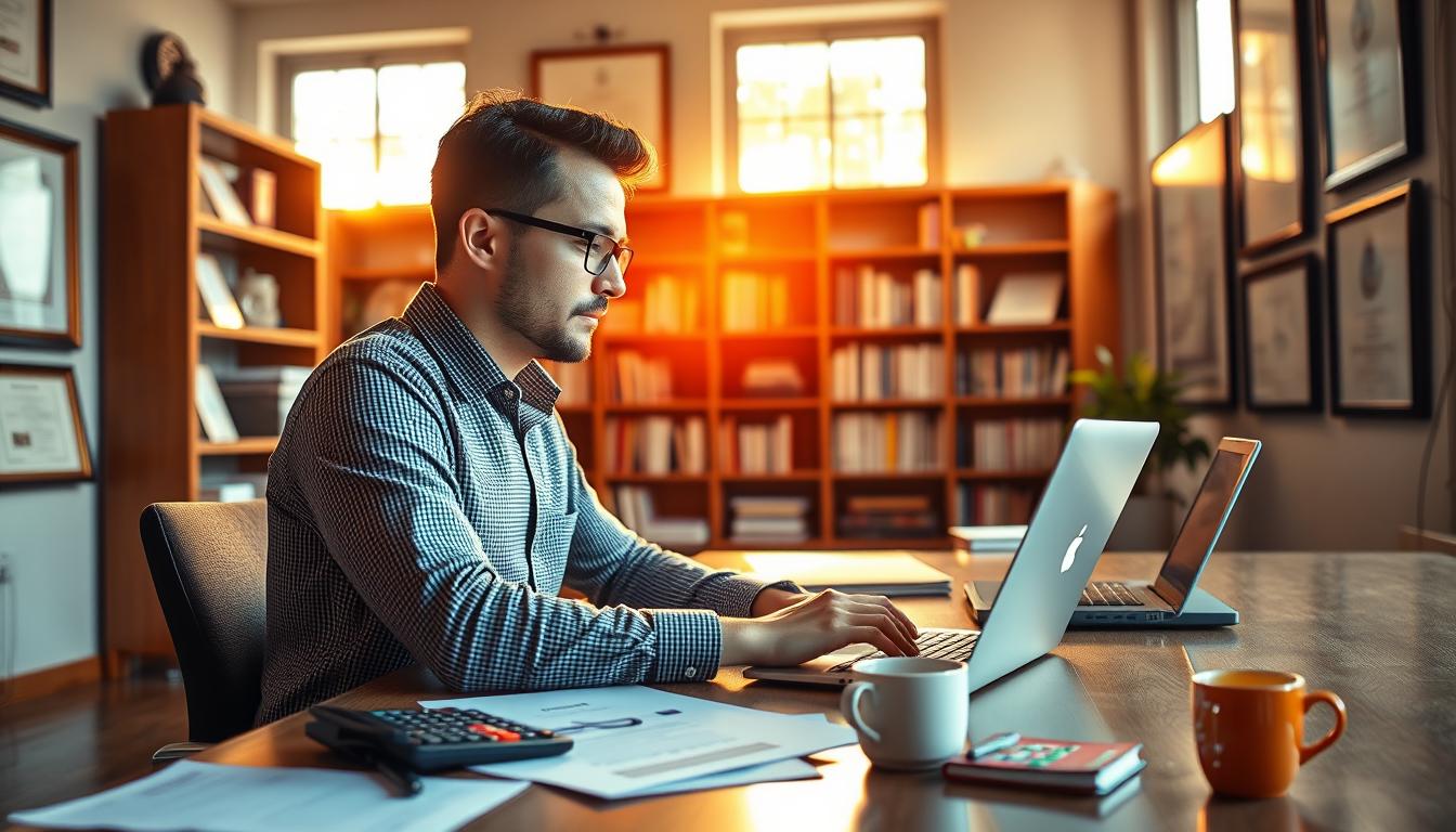 A self-employed individual sits at a desk, intensely focused on their laptop. The room is bathed in a vibrant, warm glow, with sunlight streaming through large windows. Bookshelves and framed certificates line the walls, conveying a sense of expertise and professionalism. On the desk, there are papers, a calculator, and a cup of coffee, reflecting the hard work and dedication required to manage one's own health insurance as a self-employed professional. The overall atmosphere is one of quiet determination and financial savvy, perfectly capturing the essence of the "Tax moves that reduce what you really pay" section of the article.