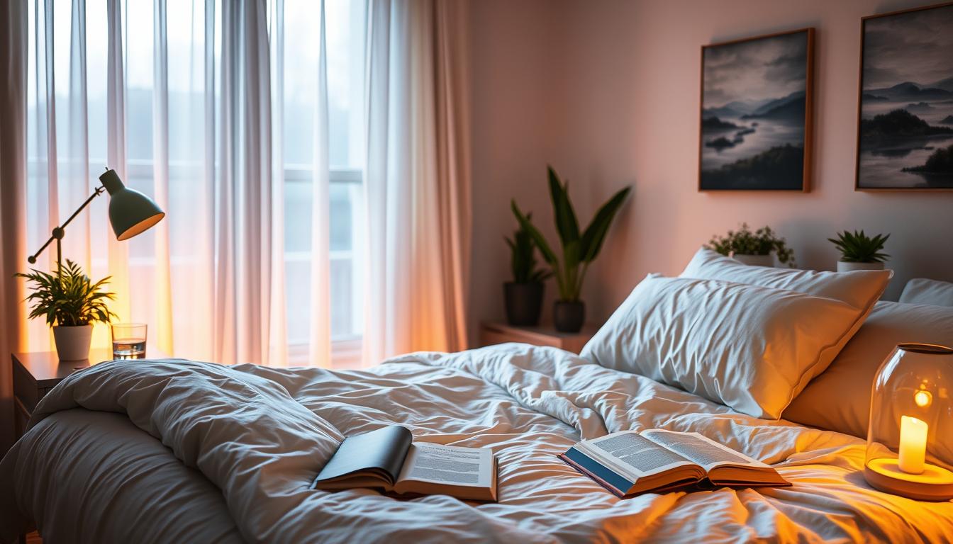 A serene bedroom scene, softly lit by warm lamplight and moonbeams through sheer curtains. In the foreground, a comfortable bed with plush bedding and pillows, inviting restful sleep. On the nightstand, a glass of water and a book on sleep optimization techniques. The middle ground features a meditation cushion and a diffuser emitting soothing essential oils, promoting relaxation. The background showcases a minimalist, nature-inspired decor, with potted plants and a tranquil landscape painting, evoking a sense of calm. The overall atmosphere is vibrant yet peaceful, encouraging optimal sleep for better workout drive.