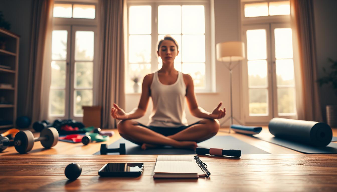 A serene home gym setting, bathed in warm, vibrant lighting. In the foreground, a person sits cross-legged, deep in meditation, their face tranquil and focused. Surrounding them, various fitness equipment - dumbbells, resistance bands, and a yoga mat - are neatly arranged, symbolizing a balanced approach to workout routines. In the middle ground, a smartphone and a notebook lie on a wooden table, representing strategies for social media detox and self-discipline. The background features a large window, allowing natural light to filter in, creating a calming, introspective atmosphere. The overall composition conveys a sense of harmony, where mental and physical well-being are in sync, empowering the individual to stay motivated without the need for a personal trainer.
