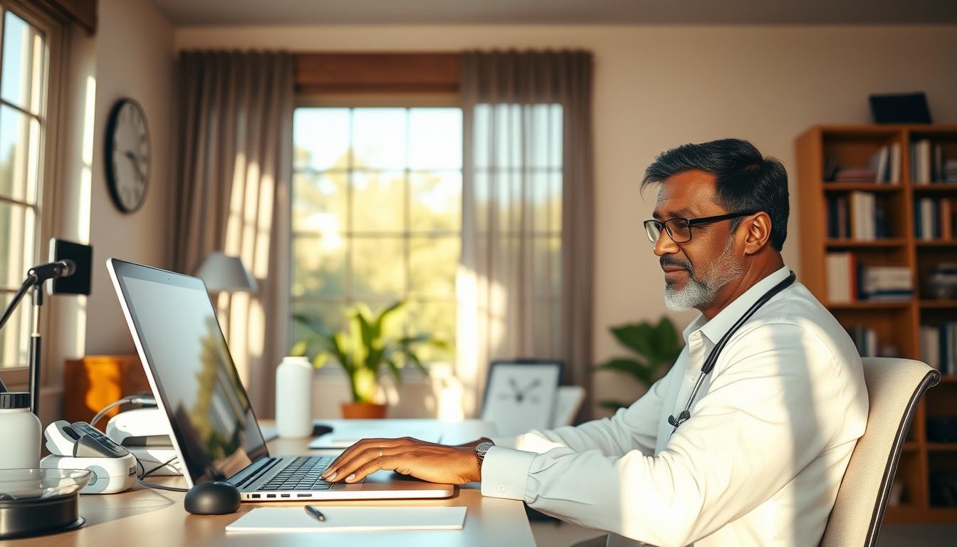 A serene home office with a person sitting at a desk, engaged in a virtual medical consultation on a laptop. Warm, natural lighting filters through large windows, creating a calming atmosphere. In the background, various health monitoring devices and a bookshelf with medical references suggest a space dedicated to telehealth care. The person's expression conveys a sense of ease and comfort, reflecting the convenience and accessibility of this vibrant, modern approach to healthcare.