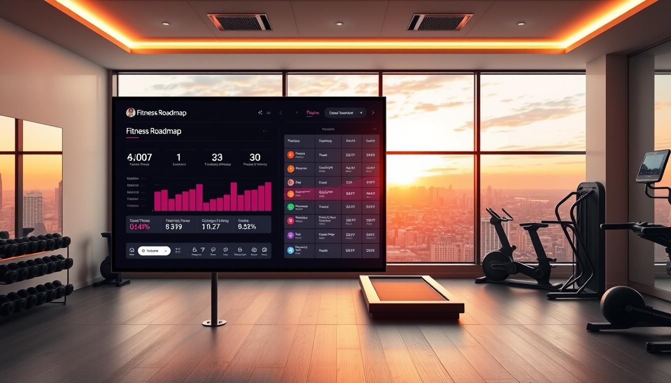 A serene, modern fitness studio with sleek, minimalist decor. In the foreground, a personalized fitness roadmap is displayed on a large digital screen, showcasing a tailored exercise program, goal tracking metrics, and progress visualizations. The middle ground features a well-equipped workout area with state-of-the-art equipment, warm lighting, and a vibrant, motivating atmosphere. The background depicts a panoramic view of a city skyline through large windows, bathed in a vibrant, golden glow from the setting sun. The overall scene conveys a sense of focus, determination, and a personalized approach to achieving fitness goals without the need for a personal trainer.