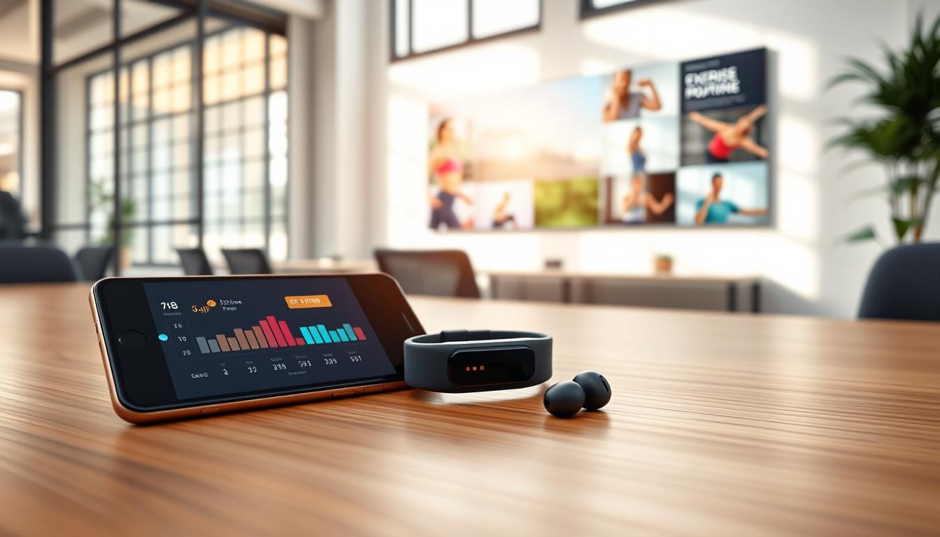 A serene, modern office setting with natural lighting streaming through large windows. In the foreground, a sleek smartphone rests on a minimalist wooden desk, its screen displaying a progress tracking app with vibrant graphs and statistics. In the middle ground, a fitness tracker wristband and a pair of wireless earbuds sit neatly alongside the smartphone, symbolizing the seamless integration of technology in everyday exercise routines. The background features a wall-mounted display showcasing various exercise routines, their progress tracked effortlessly through the cost-effective apps. The overall atmosphere conveys a sense of efficiency, productivity, and a balanced, healthy lifestyle.