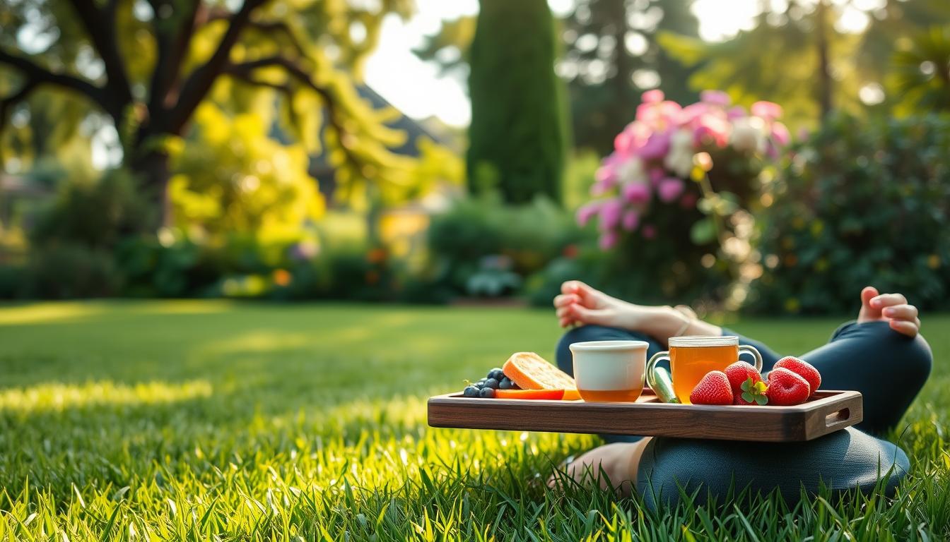 A serene scene showcasing the benefits of mindful eating. In the foreground, a person sitting cross-legged on a lush, verdant lawn, their eyes closed in contemplation. Soft, diffused natural lighting illuminates their face, creating a sense of tranquility. In the middle ground, various healthy snacks - vibrant berries, crunchy vegetables, and a steaming mug of herbal tea - are arranged artfully on a wooden tray, inviting the viewer to pause and savor each bite. The background features a lush, verdant garden, with towering trees and blooming flowers, conveying a sense of abundance and harmony. The overall atmosphere is one of calm, balance, and a deep appreciation for the nourishing power of mindful eating.