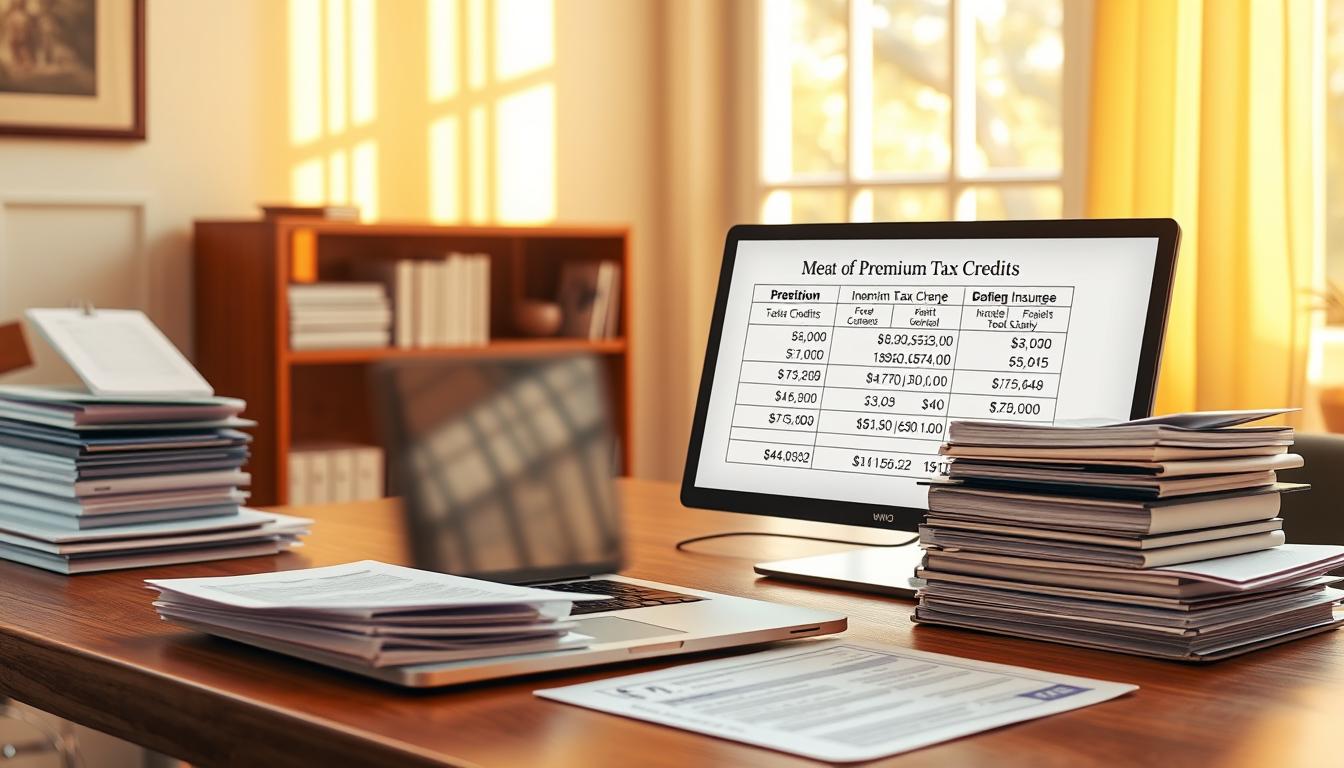 A serene, sunlit office setting with a wooden desk, a laptop, and stacks of financial documents. On the screen, a detailed breakdown of premium tax credits, showcasing the complex calculations and figures involved in this important financial subsidy. Warm, soft lighting casts a comforting glow, and the overall atmosphere is one of diligence and attention to detail. The scene conveys the importance of properly reporting income changes and reconciling tax credits to maximize health insurance savings, as depicted in the vibrant, yet professional illustration.