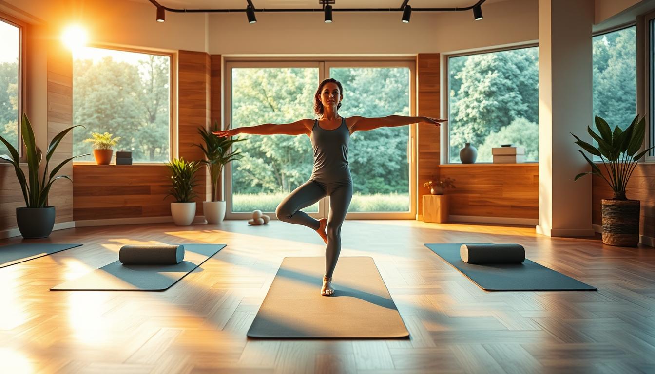 A serene yoga studio bathed in warm, vibrant lighting. In the foreground, a flexible yogi demonstrates a flowing sequence of bodyweight exercises - gentle lunges, squats, and planks. Their movements are graceful and focused, exemplifying the "plateau-busting" benefits of this holistic practice. The middle ground features neatly arranged yoga mats, bolsters, and blocks, creating a sense of order and tranquility. The background subtly blends modern and natural elements - sleek wood paneling, potted plants, and large windows overlooking a verdant outdoor scene. This image captures the essence of an accessible, beginner-friendly yoga flow that can help maintain fitness without equipment.