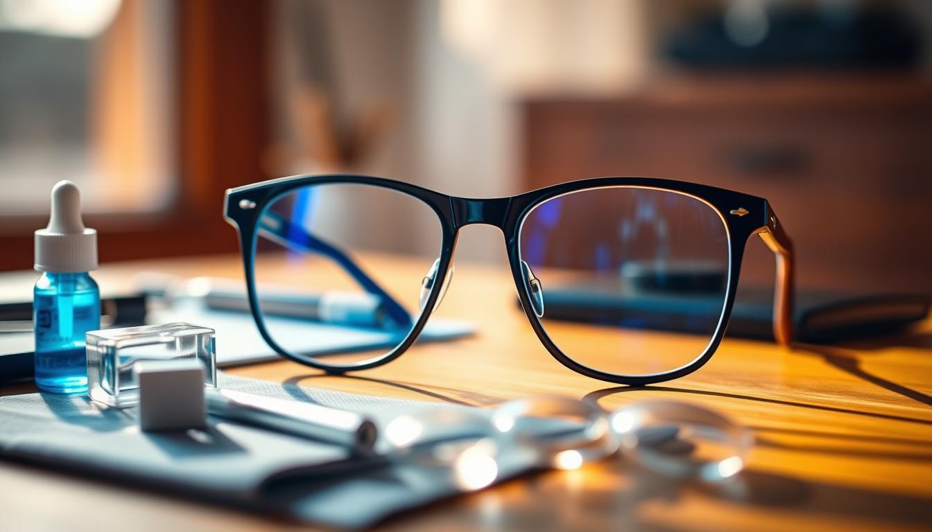 A sharply focused close-up view of a pair of stylish eyeglasses with vibrant blue-tinted lenses, resting on top of a wooden desk. The glasses are surrounded by a variety of vision-related objects, including a small bottle of eye drops, a lens cleaning cloth, and a pair of contact lens cases. The background is blurred, creating a soft, hazy effect that draws the viewer's attention to the detailed foreground elements. Warm, natural lighting from a window illuminates the scene, casting gentle shadows and highlights that enhance the overall sense of depth and dimension.