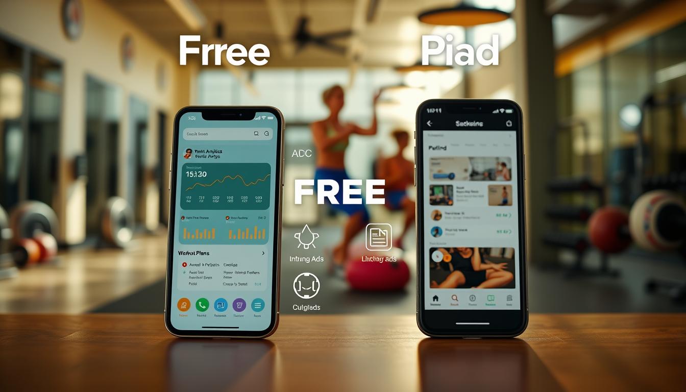 A side-by-side comparison of free and paid exercise apps, showcasing their contrasting features. In the foreground, a sleek smartphone displays the user interface of a premium fitness app, its advanced analytics and personalized workout plans. Beside it, another device depicts a free app with a more basic, cluttered design. The middle ground features icons representing the key differences - limited functionality, intrusive ads, and lack of customization in the free version. The background is a vibrant, energetic scene of a modern fitness studio, hinting at the comprehensive experience provided by the paid app. Warm, natural lighting and a dynamic, upbeat atmosphere pervade the entire image, emphasizing the value proposition of investing in a premium fitness solution.