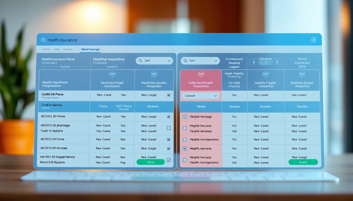 A side-by-side comparison of various health insurance plans, displayed on a vibrant, modern interface. The foreground features detailed plan cards with key metrics like coverage levels, deductibles, and monthly premiums prominently showcased. The middle ground depicts intuitive filtering and sorting tools, allowing the user to customize their search. The background sets the scene with a sleek, minimalist aesthetic, conveying a sense of clarity and organization. Soft, directional lighting accentuates the plan details, while a shallow depth of field draws the viewer's eye to the central comparison elements. The overall mood is one of informative empowerment, guiding the user towards the best healthcare decision.