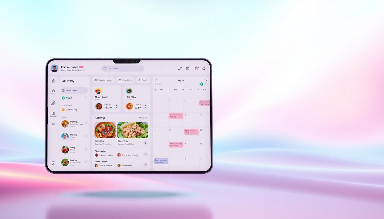 A sleek, futuristic interface for a meal planning app floats against a backdrop of soft, vibrant hues. In the foreground, a user-friendly dashboard displays personalized meal recommendations, nutritional data, and customizable settings. The middle ground features an intuitive calendar view, allowing the user to seamlessly schedule and track their meals. In the background, holographic visuals and subtle lighting effects create a sense of technological sophistication, complementing the app's efficient and intuitive design. The overall scene conveys a balance of functionality and aesthetic appeal, reflecting the app's ability to optimize meal timing and CCK for lasting fullness and weight management.
