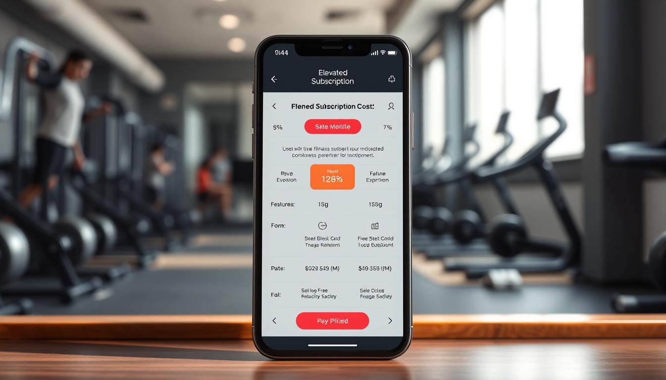 A sleek, modern fitness app interface showcasing an elevated subscription cost breakdown. In the foreground, a detailed infographic presents the pricing tiers, features, and value proposition, rendered in a clean, minimalist style with vibrant accents. The middle ground features a blurred background of a high-end gym interior, hinting at the premium experience associated with a paid app subscription. Soft, directional lighting casts subtle shadows, creating depth and a sense of professionalism. The overall mood is one of thoughtful consideration, inviting the viewer to weigh the tradeoffs between free and paid fitness app options.