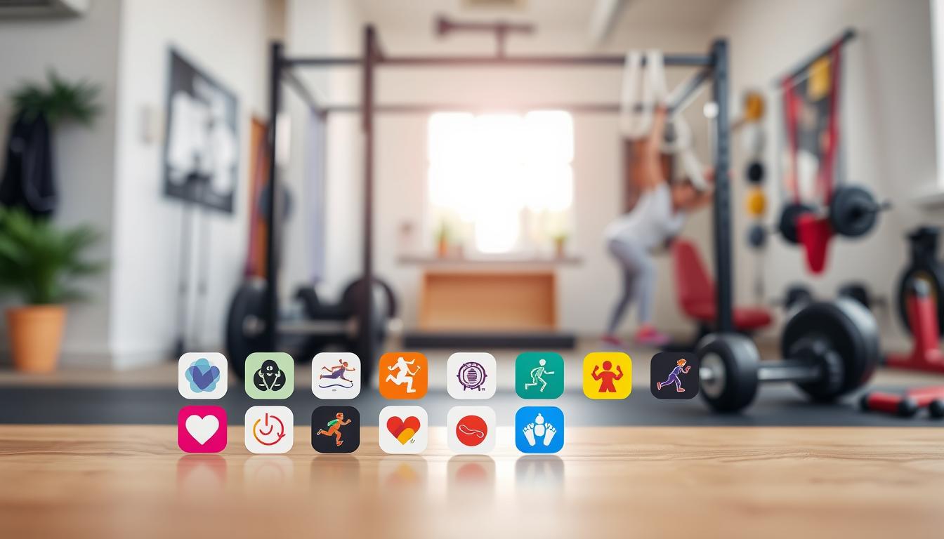 A sleek, modern fitness app interface with a clean, minimalist design. In the foreground, a grid of app icons representing a variety of free fitness programs, including yoga, HIIT workouts, running, and strength training. The icons are vibrant and engaging, with a mix of colors and graphics that catch the eye. In the middle ground, a blurred background showcases a home gym setting, with weights, resistance bands, and other fitness equipment visible. The lighting is bright and natural, creating a sense of energy and motivation. The overall atmosphere is one of efficiency, accessibility, and a dedication to health and wellness.