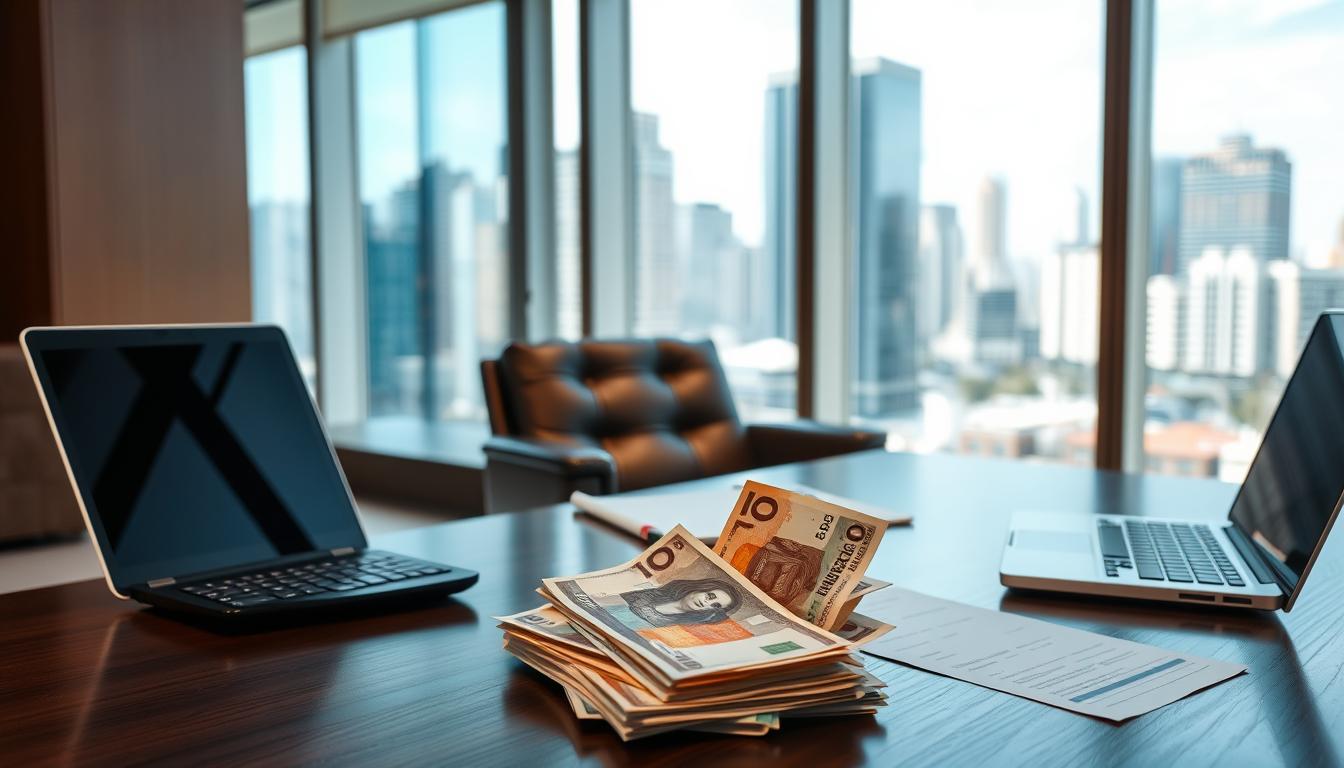 A sleek, modern office setting with natural lighting filtering through large windows. In the foreground, a professional-looking desk with a laptop, calculator, and stack of documents. On the desk, a variety of currency notes in different denominations are artfully arranged, conveying the idea of "price" and financial research. The middle ground features a comfortable leather chair, subtly hinting at the act of negotiation. The background showcases a vibrant cityscape, suggesting the broader marketplace context. The overall atmosphere is one of focused, strategic decision-making, embodying the concept of "price like a pro".