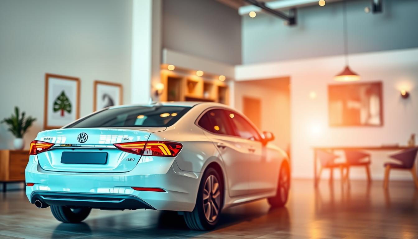 A sleek, modern sedan with a glossy, vibrant exterior sits prominently in the foreground, conveying the reliable and trustworthy nature of car insurance. In the middle ground, a clean, minimalist office setting with tasteful decor suggests a professional, hassle-free insurance experience. The background is blurred, creating a sense of focus and clarity on the key elements. Warm, natural lighting casts a welcoming glow, while the camera angle is slightly elevated, giving a sense of authority and confidence. The overall mood is one of sophistication, efficiency, and financial security.
