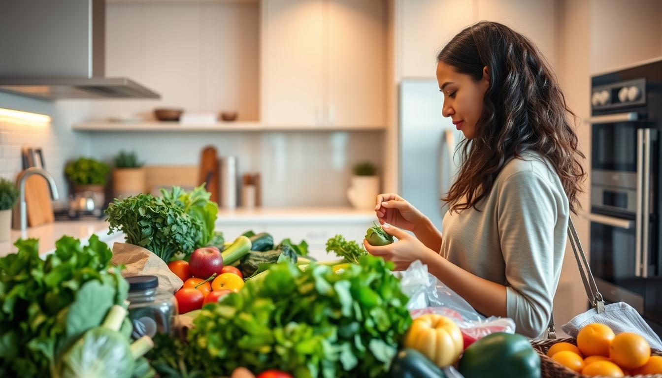 A spacious, well-lit kitchen with sleek, modern appliances. On the countertop, an assortment of fresh produce, including leafy greens, vibrant vegetables, and ripe fruits. A person in the foreground carefully selects items, comparing prices and considering budget-friendly options. The lighting is warm and natural, casting a soft glow over the scene. The atmosphere is one of mindful, strategic grocery shopping, where healthy eating is achievable without breaking the bank.