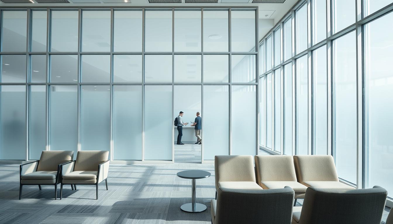 A spacious, well-lit office interior with large, rectangular enrollment windows arranged in a symmetrical grid pattern. The windows are made of frosted glass, allowing soft, diffused natural light to filter through. The frames have a sleek, modern design in a cool, neutral tone that complements the vibrant, professional atmosphere. In the foreground, a row of comfortable chairs and a small side table create a waiting area, hinting at the importance of the enrollment process. The middle ground features a reception desk and a few employees assisting clients, while the background showcases a minimalist, open-concept layout with subtle, ambient lighting that sets a tone of efficiency and organization.