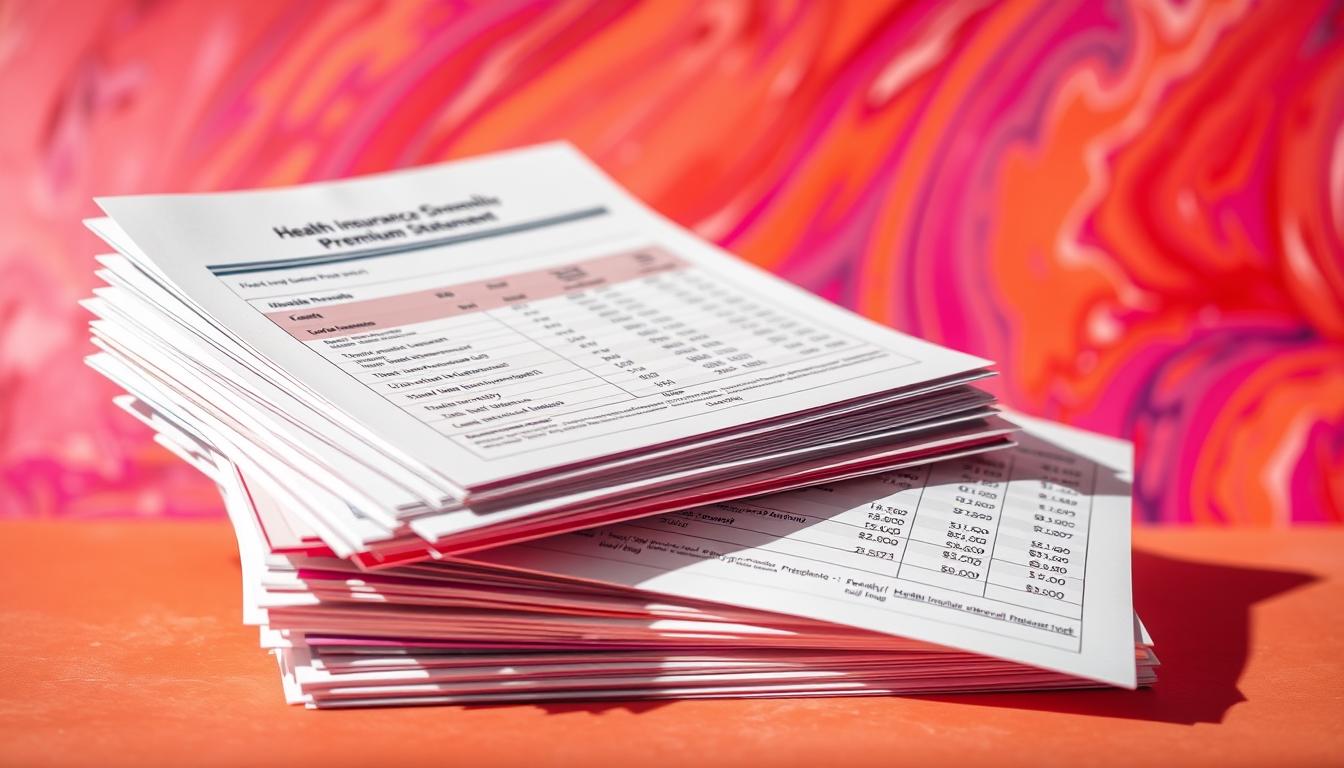 A stack of colorful monthly health insurance premium statements, each with clear figures and graphics against a vibrant, abstract background. The documents are neatly arranged, casting soft shadows and highlighting the importance of understanding these essential financial details. The lighting is warm and inviting, emphasizing the need to closely review these payments. The composition is clean and balanced, drawing the viewer's attention to the critical information conveyed by these premium notices.