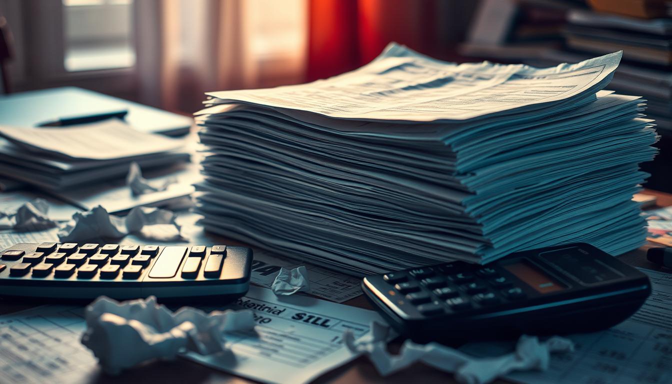 A stack of medical bills, their edges tattered and worn, casting deep shadows on a cluttered desk. An overturned calculator and crumpled papers litter the surface, a stark reminder of the financial burden. Soft, vibrant lighting from an unseen window highlights the disarray, creating a melancholic atmosphere. The scene conveys the overwhelming weight of healthcare costs and the struggle to stay on top of mounting underpayment penalties. A stack of medical bills, their edges tattered and worn, casting deep shadows on a cluttered desk. An overturned calculator and crumpled papers litter the surface, a stark reminder of the financial burden. Soft, vibrant lighting from an unseen window highlights the disarray, creating a melancholic atmosphere. The scene conveys the overwhelming weight of healthcare costs and the struggle to stay on top of mounting underpayment penalties.