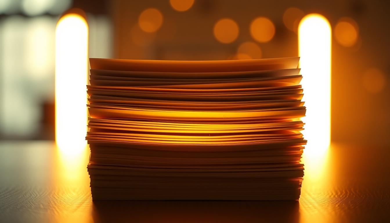 A stack of neatly organized documents, illuminated by warm, ambient lighting. The papers are crisp and pristine, with clean edges and a slight sheen, suggesting they are freshly printed. The documents are arranged in a visually appealing, symmetrical composition, with subtle shadows and highlights adding depth and dimension. The overall mood is one of professionalism and attention to detail, reflecting the vibrant and organized nature of the subject matter.
