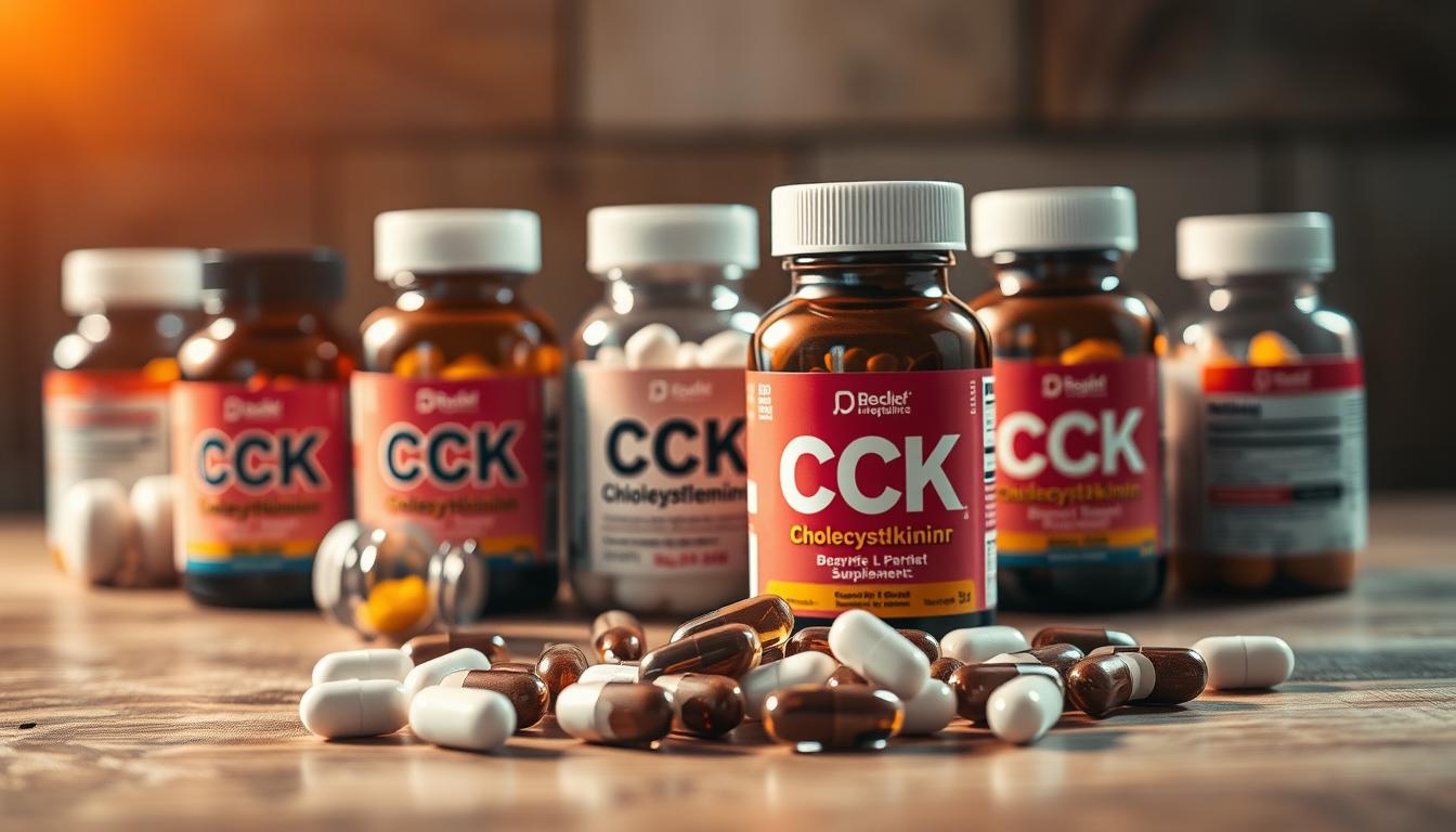 A still life composition featuring an array of CCK (Cholecystokinin) supplement bottles and pills, arranged on a wooden surface. The supplements are backlit by soft, warm lighting, casting subtle shadows and highlighting their colors and textures. The foreground is in sharp focus, while the background is gently blurred, creating a sense of depth and atmosphere. The overall mood is vibrant and inviting, conveying the potential benefits of these appetite-regulating supplements.