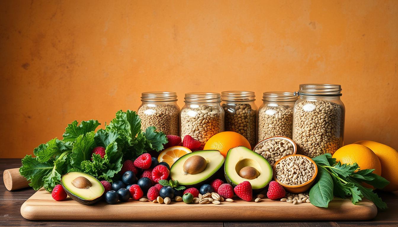 A still life tableau showcasing a variety of nutrient-dense superfoods against a vibrant, textured backdrop. In the foreground, an assortment of fresh produce - kale, spinach, avocado, berries, and citrus fruits - arranged artfully on a wooden cutting board. In the middle ground, glass jars filled with whole grains, nuts, and seeds, their contents spilling out in an organic, visually appealing manner. The background features a weathered, rustic wall in earthy tones, creating a warm, inviting atmosphere that complements the vibrant hues of the food items. Warm, directional lighting illuminates the scene, casting gentle shadows and highlighting the natural textures and shapes of the ingredients. The overall composition conveys a sense of health, vitality, and the nourishing power of wholesome, plant-based nutrition.