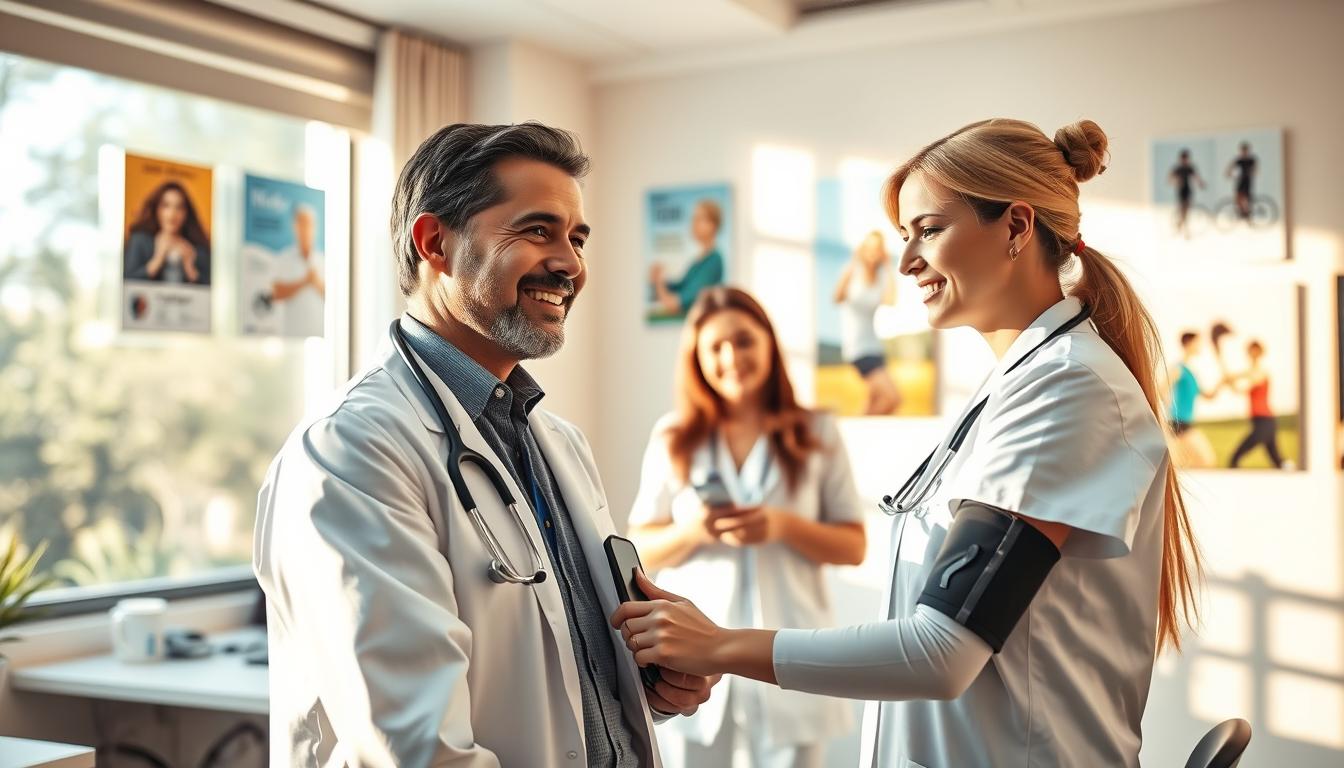 A sun-dappled doctor's office, its walls adorned with health-conscious posters. In the foreground, a smiling patient receives a routine checkup, their vital signs meticulously recorded. In the middle ground, a nurse demonstrates the proper technique for self-examination, guiding a curious onlooker. The background reveals a vibrant, wellness-focused lifestyle, with people engaged in yoga, biking, and other preventive activities. Soft, warm lighting permeates the scene, conveying a sense of care, comfort, and proactive health management.