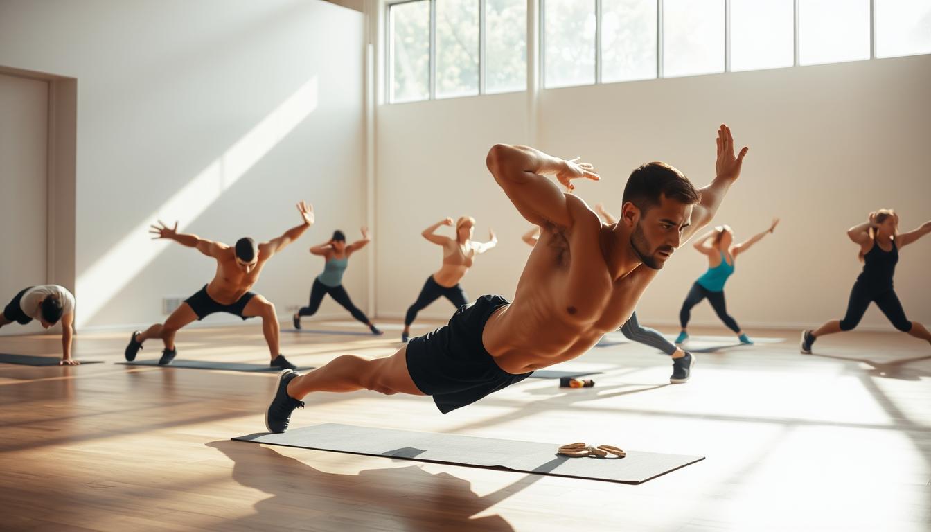 A sun-dappled indoor space, filled with the warm glow of natural light. In the foreground, a person performs a series of dynamic bodyweight exercises - pushups, squats, lunges, and planks. Their movements are fluid and controlled, showcasing the power and grace of the human form. In the middle ground, additional individuals mirror these exercises, their expressions focused and determined. The background features a minimalist, modern setting with clean lines and neutral tones, creating a sense of simplicity and serenity. The overall scene conveys the vibrant energy and transformative potential of a strength-building routine without the need for any specialized equipment.