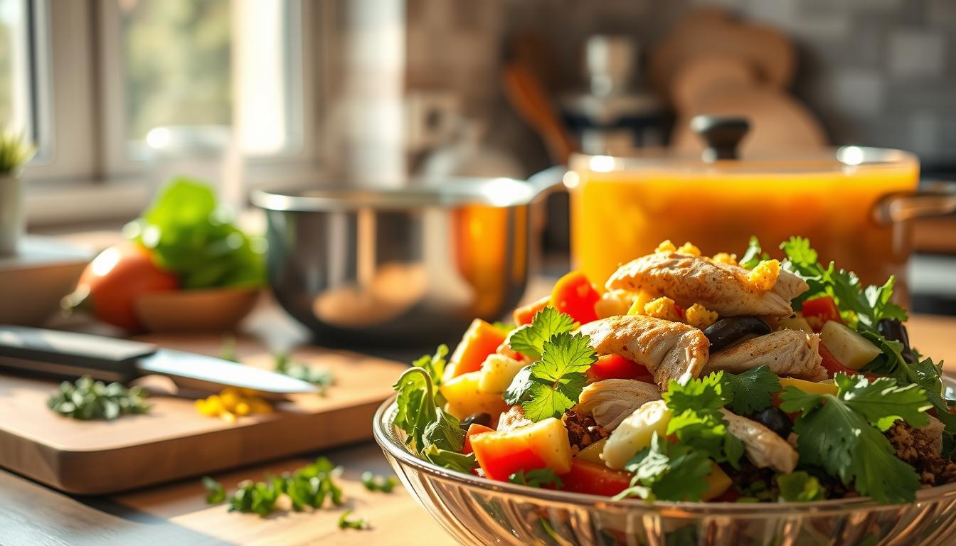 A sun-dappled kitchen counter showcases a tempting array of leftover meal transformations. In the foreground, a vibrant salad overflows with colorful vegetables, roasted chicken, and a zesty vinaigrette. Behind it, a simmering pot of hearty vegetable soup steams gently, its rich aroma filling the air. On the cutting board, freshly chopped herbs and citrus zest wait to be incorporated into a wholesome grain bowl. The scene is bathed in warm, natural light, lending a cozy, homemade feel to the budget-friendly, nutritious dishes. Simplicity and efficiency reign supreme in this image of effortless, healthy meal preparation.