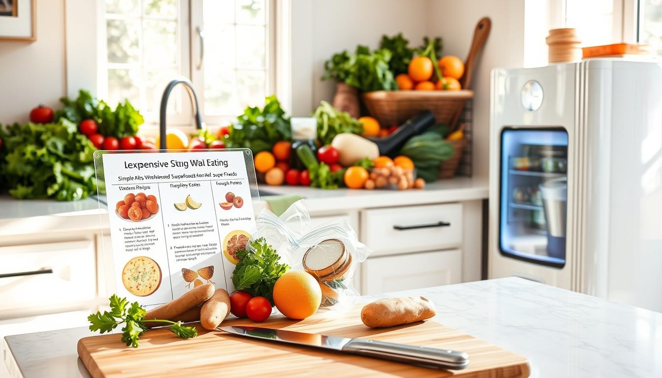 A sun-drenched kitchen counter, overflowing with an abundant array of fresh produce - crisp kale, ripe tomatoes, juicy oranges, and earthy sweet potatoes. Alongside, a gleaming white appliance displays a vibrant meal plan, detailing simple, wholesome recipes built around these discounted superfoods. The light streams in through large windows, casting a warm, inviting glow across the scene. In the foreground, a cutting board and sharp knife stand ready, hinting at the flavorful, nutritious meals soon to be prepared. This is the picture of inexpensive, clean eating - a thoughtful, cost-effective approach to nourishing the body with vibrant, whole foods. A sun-drenched kitchen counter, overflowing with an abundant array of fresh produce - crisp kale, ripe tomatoes, juicy oranges, and earthy sweet potatoes. Alongside, a gleaming white appliance displays a vibrant meal plan, detailing simple, wholesome recipes built around these discounted superfoods. The light streams in through large windows, casting a warm, inviting glow across the scene. In the foreground, a cutting board and sharp knife stand ready, hinting at the flavorful, nutritious meals soon to be prepared. This is the picture of inexpensive, clean eating - a thoughtful, cost-effective approach to nourishing the body with vibrant, whole foods.