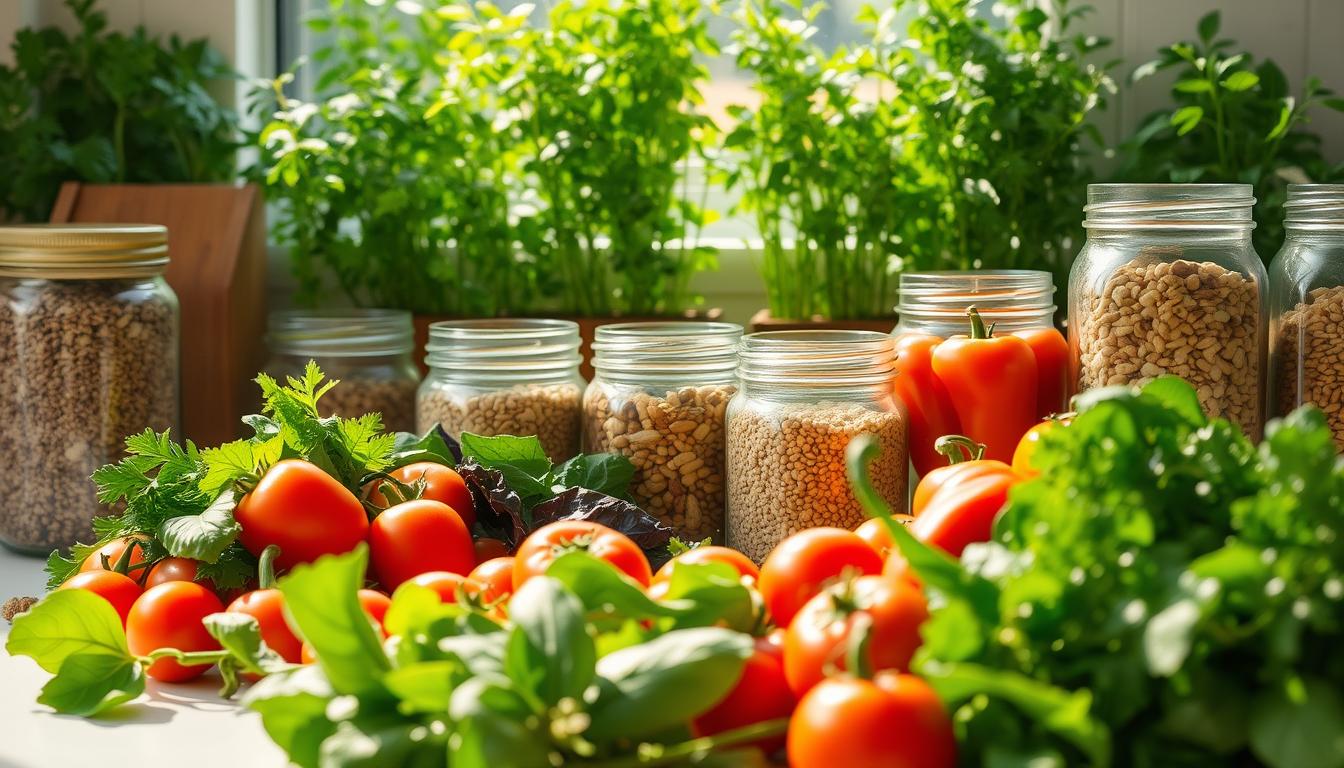 A sun-drenched kitchen counter showcasing an array of budget-friendly organic alternatives. In the foreground, a mix of fresh produce - crisp leafy greens, plump tomatoes, and vibrant bell peppers. Behind them, glass jars filled with whole grains, lentils, and nuts. Soft, diffused lighting illuminates the scene, casting a warm, inviting glow. In the background, a verdant herb garden frames the composition, suggesting the abundance of natural, nourishing options available without the premium price tag of certified organic products.