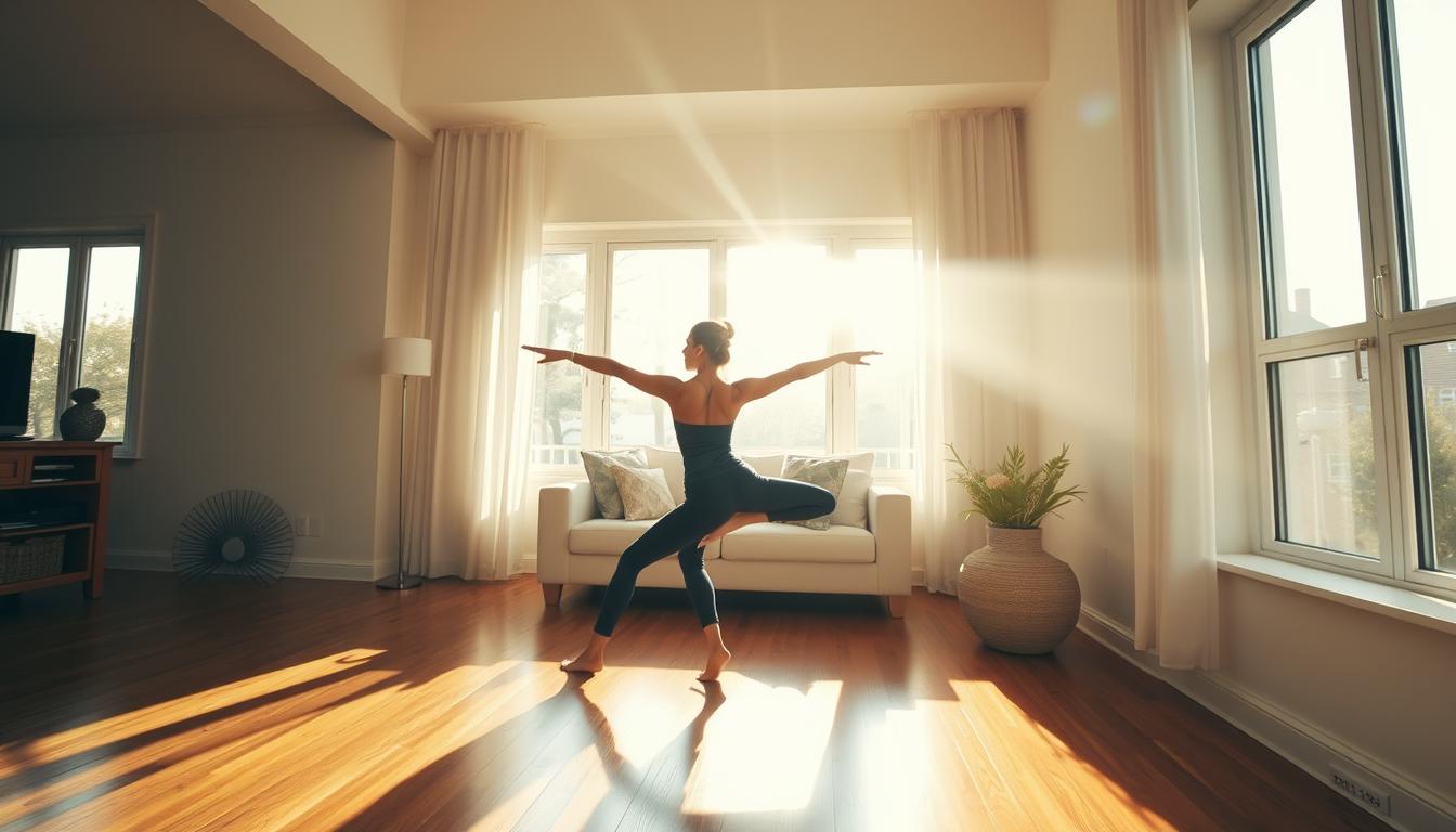 A sun-drenched living room, hardwood floors gleaming. A person moving gracefully through a yoga flow, limbs extended in a series of postures. Soft, warm lighting filters in through large windows, casting a serene glow. The atmosphere is vibrant, yet calming, inviting the viewer to pause and find their own inner balance. The pose transitions smoothly, each movement flowing into the next, the body acting as a living sculpture. Shafts of light accentuate the curves and lines of the figure, highlighting the fluidity of the practice. A sense of tranquility and mindfulness permeates the scene, inspiring the viewer to cultivate their own yoga practice within the comfort of their own home.