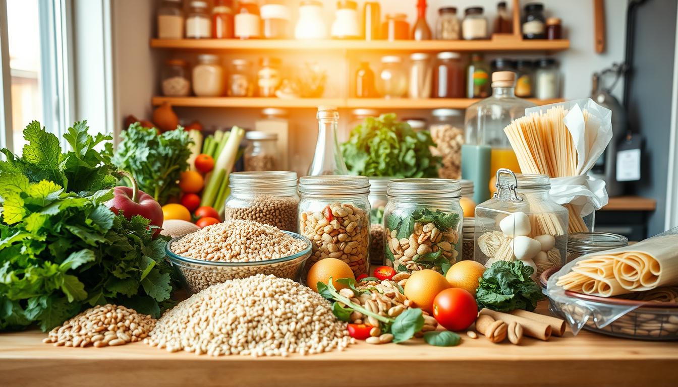 A sunlit kitchen counter, adorned with an assortment of budget-friendly clean eating staples. In the foreground, a variety of whole grains, such as quinoa, brown rice, and whole wheat pasta, are neatly arranged. Alongside them, an array of fresh produce including leafy greens, crisp vegetables, and vibrant fruits. In the middle ground, jars of legumes, nuts, and seeds stand as versatile protein and fiber sources. The background features a well-stocked pantry, filled with spices, herbs, and healthy oils, casting a warm, inviting glow. The overall scene exudes a sense of simplicity, nutrition, and cost-effectiveness, capturing the essence of a clean eating lifestyle on a budget.