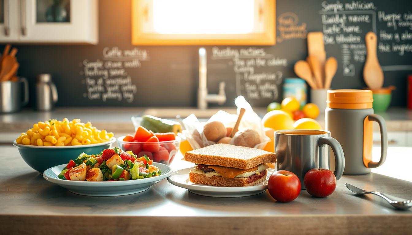 A sunlit kitchen counter overflows with a colorful array of budget-friendly kid-friendly meals - a plate of mac and cheese, a bowl of mixed vegetables, a sandwich with peanut butter and jelly, a thermos of creamy tomato soup, and a handful of fresh fruit. The scene is bathed in warm, vibrant lighting that casts a cozy, welcoming atmosphere. In the background, a chalkboard wall displays simple, nutritious recipes and cost-saving tips, encouraging families to get creative with inexpensive, wholesome ingredients. A sunlit kitchen counter overflows with a colorful array of budget-friendly kid-friendly meals - a plate of mac and cheese, a bowl of mixed vegetables, a sandwich with peanut butter and jelly, a thermos of creamy tomato soup, and a handful of fresh fruit. The scene is bathed in warm, vibrant lighting that casts a cozy, welcoming atmosphere. In the background, a chalkboard wall displays simple, nutritious recipes and cost-saving tips, encouraging families to get creative with inexpensive, wholesome ingredients.