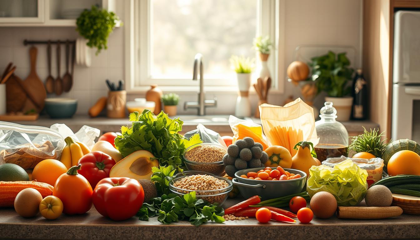 A sunlit kitchen countertop displaying an array of fresh produce, whole grains, and lean protein sources. Meticulously arranged in a visually appealing manner, these nutritious ingredients symbolize the balanced, energizing meals that fuel the dedicated walker. Soft, natural lighting illuminates the scene, casting warm shadows and highlighting the vibrant colors of the food. The overall composition conveys a sense of vitality, health, and the essential role of proper nutrition in supporting an active, weight-loss-focused lifestyle. A sunlit kitchen countertop displaying an array of fresh produce, whole grains, and lean protein sources. Meticulously arranged in a visually appealing manner, these nutritious ingredients symbolize the balanced, energizing meals that fuel the dedicated walker. Soft, natural lighting illuminates the scene, casting warm shadows and highlighting the vibrant colors of the food. The overall composition conveys a sense of vitality, health, and the essential role of proper nutrition in supporting an active, weight-loss-focused lifestyle.