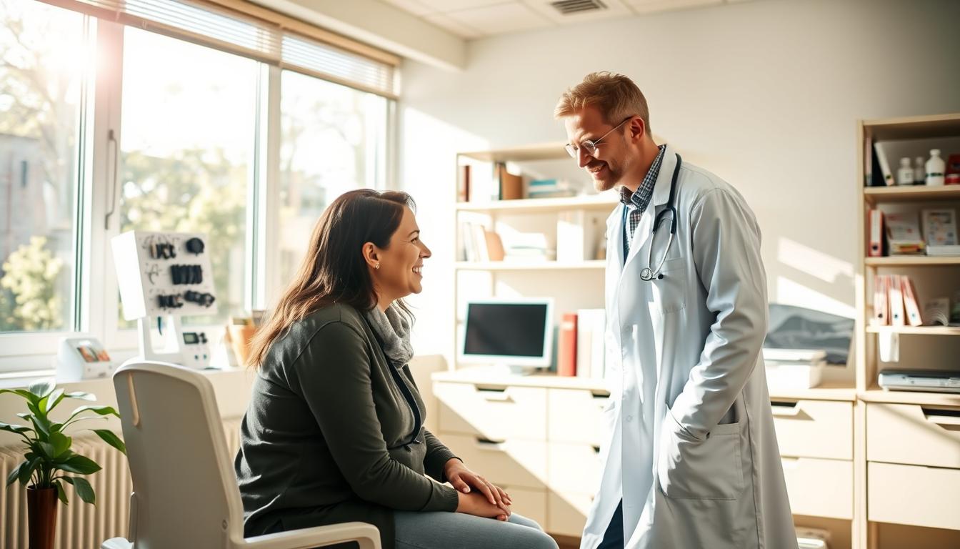 A sunny doctor's office, filled with natural light streaming through large windows. In the foreground, a smiling patient sits on an examination table, undergoing a routine checkup. The doctor, wearing a white coat, leans in attentively, discussing preventive measures and healthy lifestyle choices. In the background, shelves brimming with medical equipment and reference materials suggest a well-equipped, vibrant healthcare setting. The atmosphere is warm and inviting, conveying the importance of proactive, preventive care.