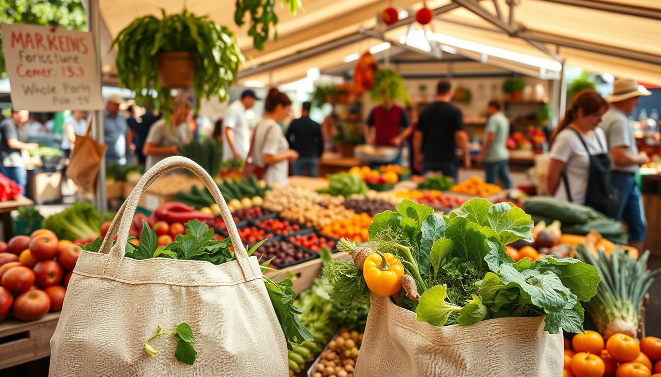 A sunny, open-air farmers market teeming with vibrant produce - crisp greens, ripe fruits, and colorful root vegetables. In the foreground, a reusable tote bag overflows with freshly harvested goods, showcasing the bounty of local, sustainable agriculture. The middle ground features a stall displaying an array of whole grains, legumes, and nuts, all affordably priced. In the background, shoppers move through the bustling scene, appreciating the vibrant atmosphere and the opportunity to access clean, nutritious food at a reasonable cost. The warm, natural lighting captures the welcoming, down-to-earth vibe of this community-centric shopping experience.
