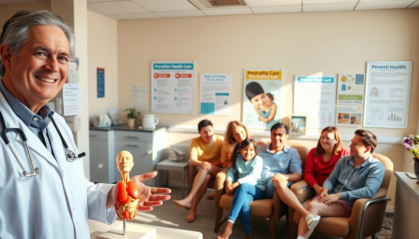 A sunny, well-lit doctor's office interior with a cheerful, friendly atmosphere. In the foreground, a smiling, middle-aged doctor in a white coat gestures towards a vibrant anatomical model on a nearby table. In the middle ground, a young, diverse group of patients - including a family with children - sit in comfortable chairs, engaged in conversation with the medical staff. The background features informative posters and educational materials about preventive health care, creating an atmosphere of well-being and empowerment.
