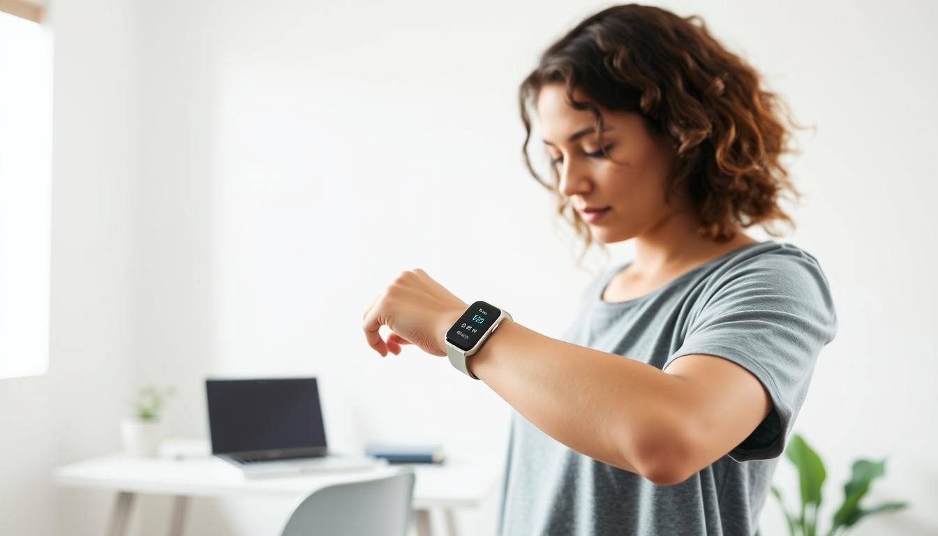 A tech-savvy individual standing in a bright, airy room, examining a sleek, minimalist fitness tracker on their wrist. The device's display showcases a variety of metrics, including step count, calories burned, and heart rate. The background features a simple, clean-lined desk with a laptop and a potted plant, conveying a sense of efficiency and focus. The lighting is soft and diffused, creating a vibrant, inviting atmosphere. The overall scene suggests the integration of affordable, accessible technology into a wellness routine, emphasizing the accessibility and convenience of a walking-based weight loss program. A tech-savvy individual standing in a bright, airy room, examining a sleek, minimalist fitness tracker on their wrist. The device's display showcases a variety of metrics, including step count, calories burned, and heart rate. The background features a simple, clean-lined desk with a laptop and a potted plant, conveying a sense of efficiency and focus. The lighting is soft and diffused, creating a vibrant, inviting atmosphere. The overall scene suggests the integration of affordable, accessible technology into a wellness routine, emphasizing the accessibility and convenience of a walking-based weight loss program.