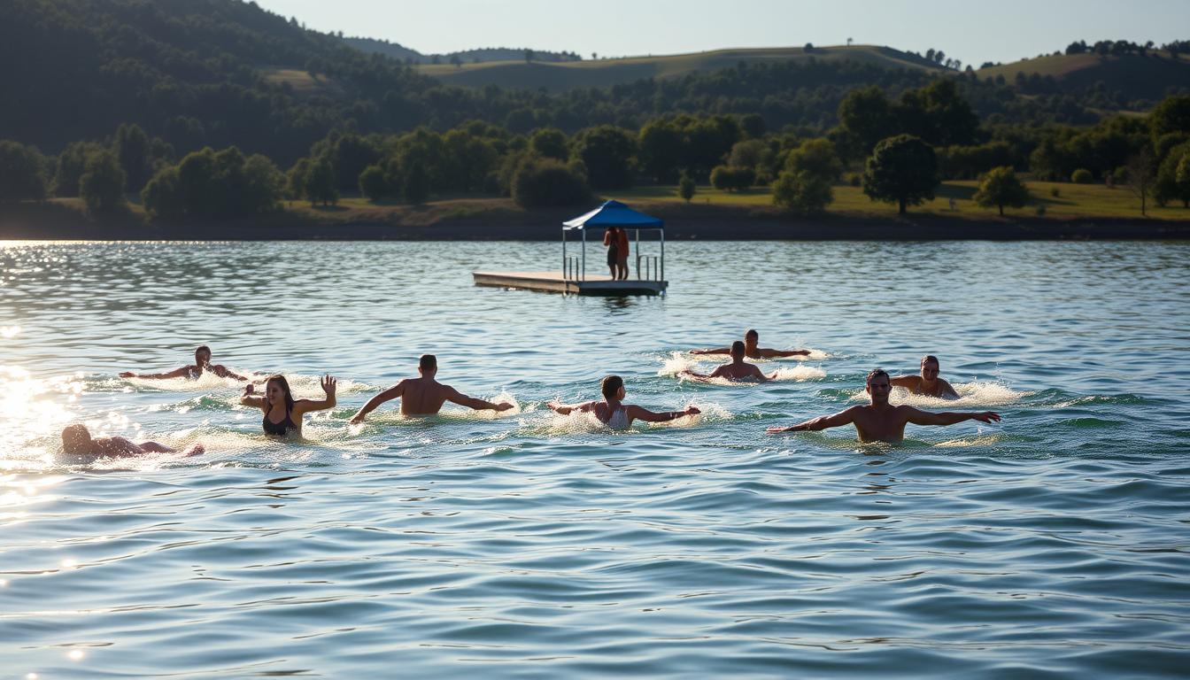 A tranquil lakeside scene, the sun's rays gently glimmering on the serene surface of the public waters. In the foreground, a group of people engaged in energetic swimming, their bodies cutting gracefully through the crystal-clear water, exuding a sense of vibrant health and fitness. The middle ground features a picturesque dock, inviting visitors to dive in and join the refreshing activity. In the background, lush green trees and rolling hills create a natural, picturesque backdrop, adding to the overall sense of peaceful escapism. The lighting is soft and warm, casting a vibrant glow over the entire scene, capturing the essence of a rejuvenating and invigorating outdoor fitness experience.