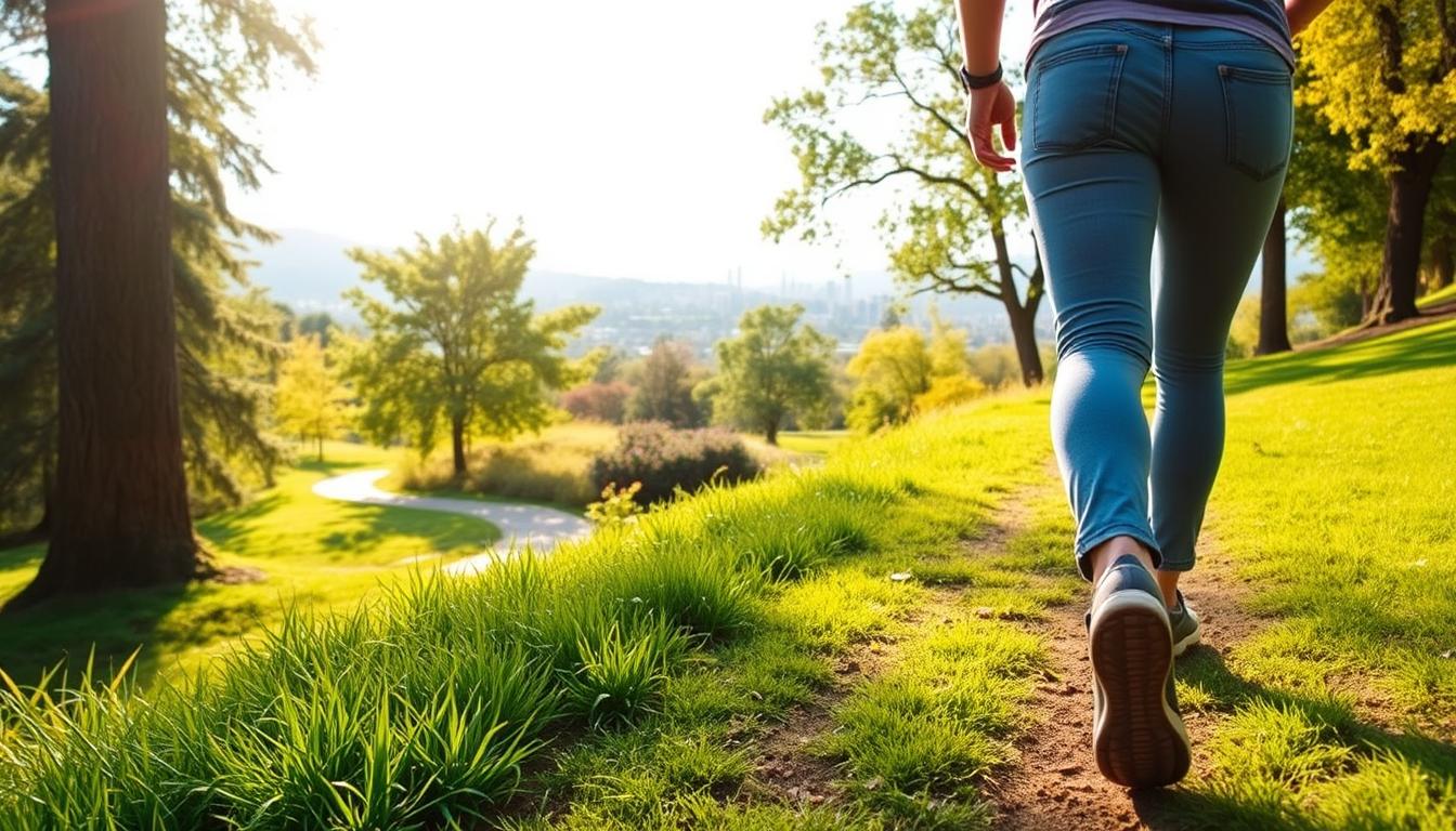 A tranquil outdoor scene with a person walking along a verdant park path, the sunlight casting a warm, vibrant glow. In the foreground, a person strides purposefully, their casual attire and comfortable shoes emphasizing the simplicity and accessibility of this fitness plan. The middle ground features lush greenery, swaying trees, and a winding trail, conveying a sense of peaceful seclusion. In the distance, a picturesque cityscape or rolling hills provide a visually appealing backdrop, highlighting the versatility of this inexpensive yet effective workout. The overall atmosphere is one of serenity, wellness, and the joy of embracing the great outdoors for physical and mental health. A tranquil outdoor scene with a person walking along a verdant park path, the sunlight casting a warm, vibrant glow. In the foreground, a person strides purposefully, their casual attire and comfortable shoes emphasizing the simplicity and accessibility of this fitness plan. The middle ground features lush greenery, swaying trees, and a winding trail, conveying a sense of peaceful seclusion. In the distance, a picturesque cityscape or rolling hills provide a visually appealing backdrop, highlighting the versatility of this inexpensive yet effective workout. The overall atmosphere is one of serenity, wellness, and the joy of embracing the great outdoors for physical and mental health.