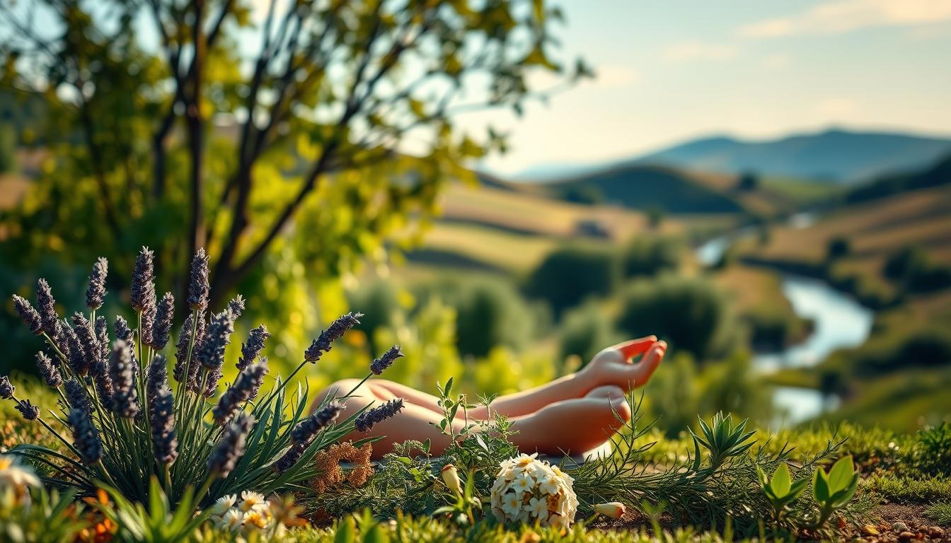 A tranquil scene of a person practicing mindful meditation in a lush, verdant garden. The foreground features the figure seated cross-legged, hands resting gently on their lap, eyes closed in a serene expression. Soft, warm lighting bathes the scene, creating a calming, intimate atmosphere. In the middle ground, a variety of herbs and plants associated with stress management, such as lavender, chamomile, and rosemary, are artfully arranged. The background showcases a serene landscape, with rolling hills, a gently flowing stream, and a clear, azure sky. The overall mood is one of inner peace, harmony, and balance, conveying the idea of effective stress management for hormone regulation.
