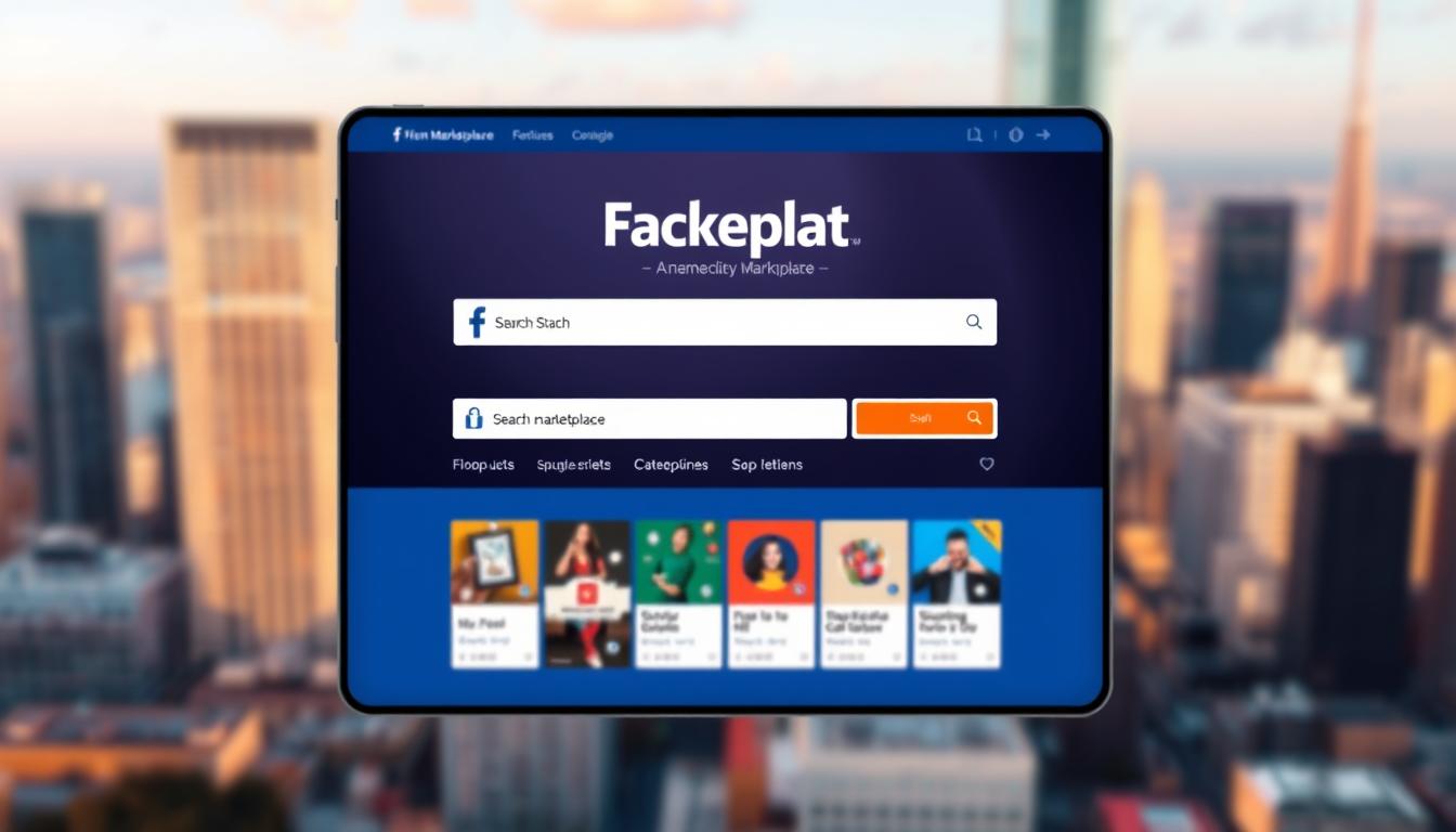 A vibrant Facebook Marketplace search interface dominates the foreground, showcasing a sleek and modern design. The central search bar is prominently displayed, inviting the user to explore the vast array of products and services available. In the middle ground, a curated selection of product categories is neatly organized, allowing for easy navigation. The background features a blurred, yet captivating cityscape, with towering skyscrapers and a vibrant skyline, setting the scene for the dynamic online marketplace. Warm, natural lighting and a crisp, high-resolution rendering create a visually striking and immersive experience, reflecting the energy and potential of the Marketplace platform.
