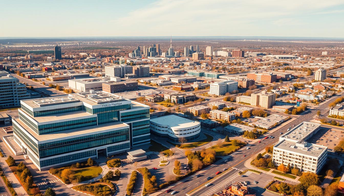 A vibrant, aerial view of a city skyline, with expansive healthcare facilities prominently featured. The foreground showcases a modern, state-of-the-art hospital campus, its sleek glass facades and lush landscaping signifying accessible, high-quality medical care. In the middle ground, a network of bustling clinics and outpatient centers dot the urban landscape, symbolizing the widespread availability of Medicaid-supported services. The background reveals a diverse, thriving community, with a mix of residential and commercial buildings, suggesting the far-reaching impact of Medicaid expansion on overall health and well-being. The scene is bathed in warm, golden light, conveying a sense of hope, progress, and a commitment to affordable, inclusive healthcare.