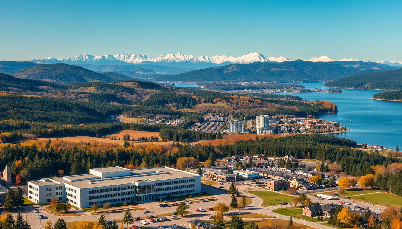 A vibrant aerial view of the scenic state of New Hampshire, showcasing its rolling hills, lush forests, and glistening lakes. In the foreground, a modern hospital campus stands prominently, representing the state's commitment to accessible and affordable healthcare. The middle ground features a bustling town center, with people going about their daily lives, reflecting the vibrant community. In the background, the majestic White Mountains rise, creating a serene and picturesque backdrop. The lighting is warm and inviting, casting a soft glow over the entire scene, conveying a sense of comfort and well-being. The image is captured with a wide-angle lens, offering a comprehensive and dynamic perspective of New Hampshire's healthcare landscape.