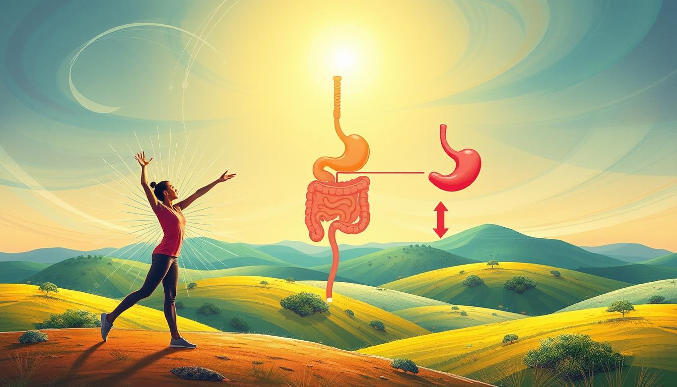 A vibrant and colorful illustration depicting the connection between CCK (cholecystokinin) response and exercise. In the foreground, a person performing various stretching and exercise movements, with energy lines radiating from their body. In the middle ground, a stylized representation of the digestive system, with the pancreas and gallbladder highlighted, indicating the release of CCK. The background features a dynamic, abstract landscape with swirling shapes and colors, representing the physiological processes involved. The image should convey a sense of harmony, balance, and the interplay between physical activity and the body's internal systems.