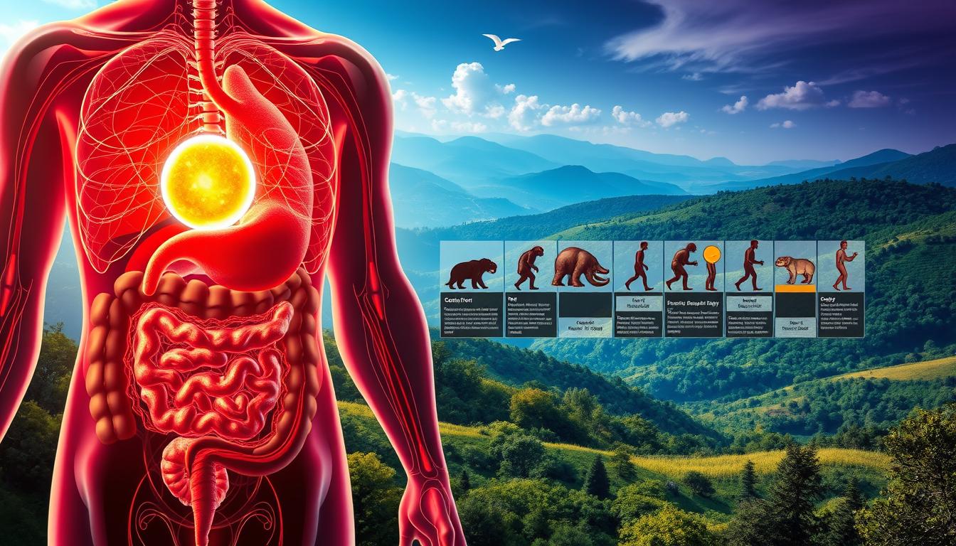 A vibrant and colorful illustration depicting the evolutionary adaptations of the CCK (cholecystokinin) hormone. In the foreground, a highly detailed cross-section of the human digestive system, showcasing the complex interplay between the gut, pancreas, and gallbladder. The CCK hormone, represented by a glowing, pulsating orb, is highlighted, with intricate neural pathways and biological processes radiating outward. In the middle ground, a series of vignettes illustrate the historical development of the CCK hormone, from primitive life forms to modern humans, highlighting its role in food intake, satiety, and energy regulation. The background features a panoramic landscape of lush, verdant forests and rolling hills, conveying a sense of the evolutionary timeline and the adaptations that have occurred over millennia. Dramatic lighting and a vibrant color palette create a captivating and informative visual representation of the topic.