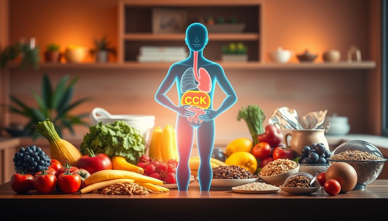 A vibrant and colorful illustration depicting the relationship between CCK (cholecystokinin) and appetite control. In the foreground, a stylized human figure is shown experiencing the sensation of satiety, with a glowing CCK hormone emanating from their midsection. The middle ground features various healthy food items - fruits, vegetables, and whole grains - arranged in a visually appealing manner, highlighting the dietary patterns that support CCK production. The background showcases a warm, inviting atmosphere, with soft lighting and a sense of balance and harmony, suggesting the overall well-being associated with proper appetite regulation.